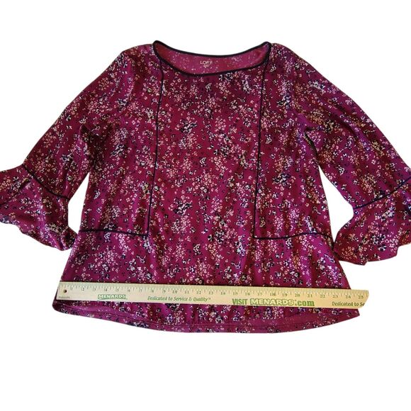 Loft Floral Burgundy Color Tunic Blouse 3/4 Bell Sleeve Round Neckline Size M - Picture 4 of 7